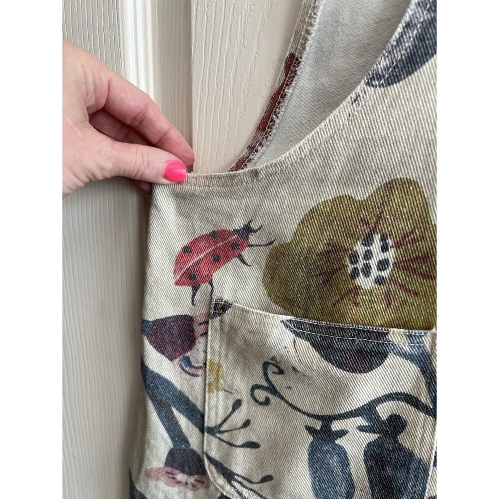 SM WARDROBE Floral Ladybug Cotton Canvas Wide Leg Gardening Overalls Jumper Sz L - Picture 8 of 16